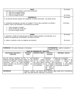 INICIO
1.-Explicarles que son los espejos y como están constituidos:
 ¿Qué son los espejos planos?
 ¿Qué son los espejos curvos?
 ¿Qué es el espejo convexo?
25 minutos
25 minutos
DESARROLLO
2.- los alumnos formaran equipos de 4 integrantes en donde construyeran una cámara oscura.
3.- contestaran las preguntas que viene en la página 117 de su libro y escribirlo en su libreta o
cuaderno, sobre lo que observaron en el proceso de su cámara.
 ¿Cómo observan la imagen?
 ¿A qué se debe que se vea así?
 ¿Por qué la imagen cambia?
40 minutos
40 minutos
CIERRE
4.- observaran a través de la gota de agua de algunos objetos pequeños y que describan en su
cuaderno las experiencias que observaron por medio de la lente.
5.- realizar un periódico mural con imágenes que obtuvieron.
50 minutos
60 minutos
EVIDENCIAS: foto copias, telescopio u microscopio. INSTRUMENTOS: pizarrón o proyector y
cuaderno de notas.
MAPA DE APRENDIZAJES ANALÍTICO
Aprendizajes esperados y
evidencias.
Receptivo
inicial
Resolutivo básico Autónomo
avanzado
Estratégico superior
Que los alumnos identifique los
problemas que debe tener a la hora
de tomar una fotografía o también
involucrarse más a las cosas
ópticas y también a los que está a
nuestro alrededor.
Es lo que
afecta en las
imágenes o las
fotografías
mediante una
noción.
Identifican y
reconoce cuales
son las acciones
que podría afectar
a las fotografías o a
los microscopio.
Identifican y
reconoce
cuales son las
acciones que
es necesario
utilizar objetos
que cuidan a
las cámaras
fotográficas.
Ideas para su fotografía.
Promueve el cuidado de las
cámaras o espejos del
microscopio y que vayan
reflexionando su conocimiento
y que pongan un ejemplo.
MATERIALES Imágenes, cuaderno, caja, lápices, tijeras, lámparas, aguja, papel china, cinta adhesiva
negra, tela, papel aluminio, telescopio y microscopio.
___________________________________ ____________________________
 