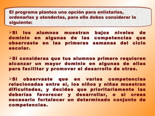 Si los alumnos muestran bajos niveles de
dominio en algunas de las competencias que
observaste en las primeras semanas del ciclo
escolar.
Si consideras que tus alumnos primero requieren
alcanzar un mayor dominio en algunas de ellas
para facilitar y promover el desarrollo de otras.
Si observaste que en varias competencias
relacionadas entre sí, los niños y niñas muestran
dificultades, y decides que prioritariamente las
deberías favorecer y desarrollar, o si crees
necesario fortalecer un determinado conjunto de
competencias.
El programa plantea una opción para enlistarlas,
ordenarlas y atenderlas, para ello debes considerar lo
siguiente:
 