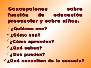 ¿Qué necesitan de la escuela?¿Qué necesitan de la escuela?
Concepciones sobreConcepciones sobre
función de educaciónfunción de educación
preescolar y sobre niños.preescolar y sobre niños.
¿Quiénes son?¿Quiénes son?
¿Cómo son?¿Cómo son?
¿Cómo aprenden?¿Cómo aprenden?
¿Qué saben?¿Qué saben?
¿Qué pueden?¿Qué pueden?
 