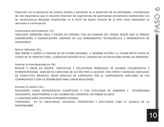 Siguiendo con la aplicación de nuestro modelo y pensando en el desarrollo de las habilidades, consideramos
de real importancia que el docente relacione las experiencias de aprendizaje previamente establecidas con
las características deseadas establecidas en el Perfil de Egreso General de la UVM, estas habilidades se
describen a continuación.
Comunicarse efectivamente (CE)
ADECUADA EXPRESIÓN ORAL Y ESCRITA EN ESPAÑOL CON UN DOMINIO DEL IDIOMA INGLÉS QUE LE PERMITA
COMPRENSIÓN Y COMUNICACIÓN. DOMINIO DE LAS HERRAMIENTAS TECNOLÓGICAS E INFORMÁTICAS DE
VANGUARDIA.
Ejercer liderazgo (EL),
QUE INSPIRE A OTROS A CONFIAR EN UN FUTURO DESEABLE, A GENERAR ACCIÓN Y A ASUMIR RETOS HASTA EL
LOGRO DE SU OBJETIVO FINAL. LLIDERAZGO BASADO EN EL CUIDADO DE LAS RELACIONES ENTRE LAS PERSONAS.
Dominar la Interdependencia (DI),
PENSAR Y CREAR EN EQUIPO. IDENTIFICAR Y SOLUCIONAR PROBLEMAS DE MANERA COLABORATIVA E
INTERDISCIPLINARIA. AMPLIAR SU CAPACIDAD DE ACCIÓN POR LA ALIANZA CON OTROS Y MANEJAO ADECUADO
DE CONFLICTOS GRUPALES CREAR ESPACIOS DE CONFIANZA POR EL CUMPLIMIENTO IMPECABLE DE LOS
COMPROMISOS Y CON LA SENSIBILIDAD PARA CUIDAR RELACIONES.
Dominar el cambio (DC),
DESEMPEÑO COMO PROFESIONISTA COMPETENTE Y CON CAPACIDAD DE APRENDER Y DESAPRENDER
VELOZMENTE, ADAPTÁNDOSE A LOS CAMBIOS DEL CONTEXTO, SIN PERDER SU META.
o CAPACIDAD PARA ANTICIPAR ESCENARIOS FUTUROS.
CONFIANDO EN SU CREATIVIDAD, INICIATIVA, INNOVACIÓN Y EFECTIVIDAD PARA EL MANEJO DE LA
INCERTIDUMBRE.
PASO6
10
 