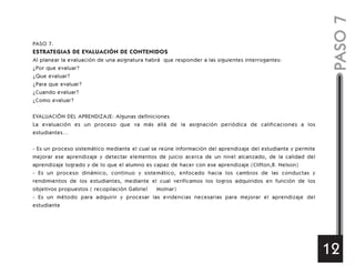 PASO 7.
ESTRATEGIAS DE EVALUACIÓN DE CONTENIDOS
Al planear la evaluación de una asignatura habrá que responder a las siguientes interrogantes:
¿Por que evaluar?
¿Que evaluar?
¿Para que evaluar?
¿Cuando evaluar?
¿Como evaluar?
EVALUACIÓN DEL APRENDIZAJE: Algunas definiciones
La evaluación es un proceso que va más allá de la asignación periódica de calificaciones a los
estudiantes…
- Es un proceso sistemático mediante el cual se reúne información del aprendizaje del estudiante y permite
mejorar ese aprendizaje y detectar elementos de juicio acerca de un nivel alcanzado, de la calidad del
aprendizaje logrado y de lo que el alumno es capaz de hacer con ese aprendizaje.(Clifton,B. Nelson)
- Es un proceso dinámico, continuo y sistemático, enfocado hacia los cambios de las conductas y
rendimientos de los estudiantes, mediante el cual verificamos los logros adquiridos en función de los
objetivos propuestos ( recopilación Gabriel Molnar)
- Es un método para adquirir y procesar las evidencias necesarias para mejorar el aprendizaje del
estudiante
PASO7
12
 