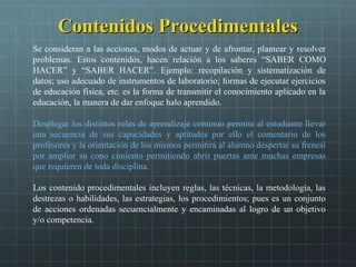 Contenidos ProcedimentalesContenidos Procedimentales
Se consideran a las acciones, modos de actuar y de afrontar, plantear y resolver
problemas. Estos contenidos, hacen relación a los saberes “SABER COMO
HACER” y “SABER HACER”. Ejemplo: recopilación y sistematización de
datos; uso adecuado de instrumentos de laboratorio; formas de ejecutar ejercicios
de educación física, etc. es la forma de transmitir el conocimiento aplicado en la
educación, la manera de dar enfoque halo aprendido.
Desplegar los distintos roles de aprendizaje continuo permite al estudiante llevar
una secuencia de sus capacidades y aptitudes por ello el comentario de los
profesores y la orientación de los mismos permitirá al alumno despertar su frenesí
por ampliar su cono cimiento permitiendo abrir puertas ante muchas empresas
que requieren de toda disciplina.
Los contenido procedimentales incluyen reglas, las técnicas, la metodología, las
destrezas o habilidades, las estrategias, los procedimientos; pues es un conjunto
de acciones ordenadas secuencialmente y encaminadas al logro de un objetivo
y/o competencia.
 