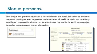 Bloque personas. Este bloque nos permite visualizar a los estudiantes del curso así como los docentes que en el participan, esto te permite poder acceder al perfil de cada uno de ellos y establecer comunicación directa con los estudiantes por medio de envió de mensajes, los cuales se envían como correo electrónico. 