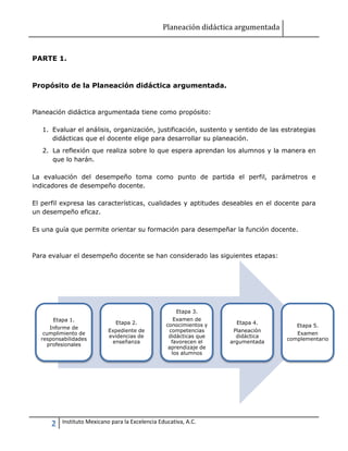 Planeación didáctica argumentada
2 Instituto Mexicano para la Excelencia Educativa, A.C.
PARTE 1.
Propósito de la Planeación didáctica argumentada.
Planeación didáctica argumentada tiene como propósito:
1. Evaluar el análisis, organización, justificación, sustento y sentido de las estrategias
didácticas que el docente elige para desarrollar su planeación.
2. La reflexión que realiza sobre lo que espera aprendan los alumnos y la manera en
que lo harán.
La evaluación del desempeño toma como punto de partida el perfil, parámetros e
indicadores de desempeño docente.
El perfil expresa las características, cualidades y aptitudes deseables en el docente para
un desempeño eficaz.
Es una guía que permite orientar su formación para desempeñar la función docente.
Para evaluar el desempeño docente se han considerado las siguientes etapas:
Etapa 1.
Informe de
cumplimiento de
responsabilidades
profesionales
Etapa 2.
Expediente de
evidencias de
enseñanza
Etapa 3.
Examen de
conocimientos y
competencias
didácticas que
favorecen el
aprendizaje de
los alumnos
Etapa 4.
Planeación
didáctica
argumentada
Etapa 5.
Examen
complementario
 
