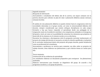 Segundo momento:
Búsqueda de información
Acercamiento a estudiantes del último año de la carrera, con mayor contacto con la
práctica docente para solicitar un plan de clase o planeación didáctica (anual, mensual,
semanal, lección).

El análisis de esta planeación didáctica se puede orientar hacia la congruencia entre las
necesidades detectadas en el grupo escolar, así como la intencionalidad didáctica del
docente, siempre considerando que existen enfoques disciplinares en cada campo
formativo y hay que buscar responder al aprendizaje desde una pedagogía de la
integración, tanto en el sentido de contribuir a las competencias señaladas en el programa
del grado y nivel, así como en la posibilidad de armonizar los elementos que propicien el
desarrollo de los alumnos en el contexto escolar y en su vida diaria.
Encontrar las relaciones o discrepancias entre la propuesta curricular institucional y el
proyecto de trabajo del docente es necesario, en tanto la relación equilibrada o incluyente
de lo curricular institucional dentro del proyecto del propio docente, puede fortalecerle
como un profesional de la enseñanza.
Acercamiento a profesores en servicio para comentar con ellos sobre su proyecto de
trabajo docente, cómo elaboran sus planeaciones y qué criterios toman en cuenta para
ello.

Tercer momento:
Construcción de las evidencias de aprendizaje
Los estudiantes elaboran un documento propositivo para enriquecer las planeaciones
analizadas.
Elaboran instrumentos para formular un diagnóstico del grupo, de acuerdo a los
programas escolares y a un grupo de práctica.


                                                                                        11
 