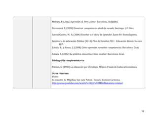 Meirieu, P. (2002) Aprender, sí. Pero ¿cómo? Barcelona: Octaedro.

Perrenoud, P. (2008) Construir competencias desde la escuela, Santiago: J:C. Sáez

Santos Guerra, M. Á. (2006) Enseñar o el oficio de aprender. Sante Fé: HomoSapiens.

Secretaría de educación Pública (2011) Plan de Estudios 2011. Educación Básica, México:
       SEP.
Zabala, A. y Arnau, L. (2008) Cómo aprender y enseñar competencias. Barcelona: Graó.

Zabala, A. (2002) La práctica educativa. Cómo enseñar. Barcelona: Graó.

Bibliografía complementaria:

Freinet, C. (1986) La educación por el trabajo, México: Fondo de Cultura Económica.

Otros recursos:
Video:
La maestra de Milpillas, San Luis Potosí. Escuela Damián Carmona.
http://www.youtube.com/watch?v=NQ-FuTOML0A&feature=related




                                                                                      13
 