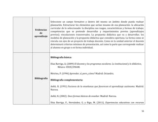 Seleccione un campo formativo y dentro del mismo un ámbito donde pueda realizar
               planeación. Estructurar los elementos que serían insumo de esa planeación: la ubicación
               curricular de lo seleccionado: la disciplina sus rasgos, características y formas de trabajo;
 Evidencias
               competencias que se pretende desarrollar y requerimientos previos (aprendizajes
     de
               previos); vinculaciones transversales. La propuesta didáctica que va a desarrollar, los
aprendizaje
               modelos de planeación y la propuesta didáctica que considera oportuna. La forma como se
               vincula con ejes de un proyecto de trabajo docente. Como en la unidad anterior el docente
               determinará criterios mínimos de presentación, así como la parte que corresponde realizar
               al alumno en grupo o en forma individual.



               Bibliografía básica:

               Díaz Barriga, A. (2009) El docente y los programas escolares. Lo institucional y lo didáctico,
                     México: IISUE/UNAM.

               Meirieu, P. (1996) Aprender, sí, pero ¿cómo? Madrid: Octaedro.

Bibliografía
               Bibliografía complementaria:

               Aebli, H. (1991) Factores de la enseñanza que favorecen el aprendizaje autónomo. Madrid:
               Narcea.

               Aebli, H. (2002) Doce formas básicas de enseñar. Madrid: Narcea.

               Díaz Barriga, F., Hernández, G. y Rigo, M. (2011). Experiencias educativas con recursos


                                                                                                                16
 