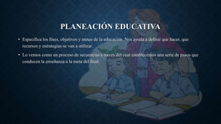 PLANEACIÓN EDUCATIVA
• Especifica los fines, objetivos y metas de la educación. Nos ayuda a definir que hacer, que
recursos y estrategias se van a utilizar.
• Lo vemos como un proceso de secuencias a través del cual establecemos una serie de pasos que
conducen la enseñanza a la meta del final.
 