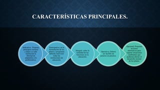 CARACTERÍSTICAS PRINCIPALES.
Opcional; Proponer
acciones
alternativas para
superar situaciones
cambiantes que
pudieran afectar el
desarrollo normal
de los planes.
Operativa; Deberá
ser factible de
ponerse en practica.
Integral; cubre la
totalidad de las
funciones en la
educación.
Participativa; en la
formulación de los
planes y programas
deberán intervenir
todas las
instituciones de
educación.
Indicativa; Propone
principios rectores
y dejar a a cada
institución la
libertad de
adaptarlos a la
problemática.
 