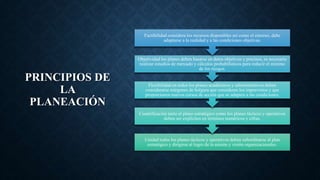 PRINCIPIOS DE
LA
PLANEACIÓN
Unidad todos los planes tácticos y operativos deben subordinarse al plan
estratégico y dirigirse al logro de la misión y visión organizacionales.
Cuantificación tanto el plano estratégico como los planes tácticos y operativos
deben ser explícitos en términos numéricos y cifras.
Flexibilidad en todos los planes académicos y administrativos deben
considerarse márgenes de holgura que consideren los imprevistos y que
proporcionen nuevos cursos de acción que se adapten a las condiciones.
Objetividad los planes deben basarse en datos objetivos y precisos, es necesario
realizar estudios de mercado y cálculos probabilísticos para reducir el mínimo
de los riesgos.
Factibilidad considera los recursos disponibles así como el entorno, debe
adaptarse a la realidad y a las condiciones objetivas.
 