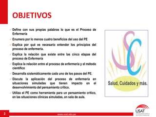 www.usat.edu.pe
 Define con sus propias palabras lo que es el Proceso de
Enfermería
 Enumera por lo menos cuatro beneficios del uso del PE
 Explica por qué es necesario entender los principios del
proceso de enfermería.
 Explica la relación que existe entre las cinco etapas del
proceso de Enfermería
 Explica la relación entre el proceso de enfermería y el método
científico
 Desarrolla sistemáticamente cada uno de los pasos del PE.
 Discute la aplicación del proceso de enfermería en
situaciones simuladas que tienen impacto en el
desenvolvimiento del pensamiento crítico.
 Utiliza el PE como herramienta para un pensamiento crítico,
en las situaciones clínicas simuladas, en sala de aula.
2
OBJETIVOS
 