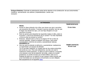 Enfoque Didáctico: Estimular la participación activa de los alumnos en la construcción de sus conocimientos
científicos, aprovechando sus saberes y replanteándolos cuando sea
necesario
ACTIVIDADES
INICIO:
 Iniciare la clase pidiendo a los niños que cierren sus ojos y escuchen
una secuencia de sonidos. Y piensen a que les recuerda, una vez que
le hagan eso abrirán los ojos, y en una hoja dibujaran a lo que
asociaron el sonido.
 Esto me servirá para despertar las siguientes dudas en ellos ¿Qué es
el sonido? ¿Cuál es la importancia de un sonido? Y la más importante
¿Cómo es que se produce un sonido?
 Entonces deberán abrir su libro en la página 107 de su libro de
ciencias naturales, donde se realizara una lectura, para poder
conceptualizar el término de sonido y características básicas.
DESARROLLO:
 Una vez que se entiende la definición y características realizaremos
un experimento por equipos de afinidad.
En el cual ellos realizaran un modelo para ver las ondas producidas
del sonido (su voz). Para esto utilizaremos una lata a la cual le
quitaremos ambas aperturas, un globo el cual le quitemos la boquilla
y se colocara a uno de los extremos de la lata, y justo en el centro
pondremos un cachito de disco por el lado brilloso. Esto con la
finalidad de gritar por un extremo lo que causara ondas sonoras que
al ser iluminadas por una lámpara el movimiento se verá reflejado.
Nos apoyaremos en el siguiente video.
TIEMPO/ESPACIO
15 min /Aula
TIEMPO /ESPACIO:
40 min/ aula
 