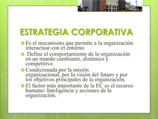 ESTRATEGIA CORPORATIVA
 Es el mecanismo que permite a la organización
  interactuar con el entorno.
 Define el comportamiento de la organización
  en un mundo cambiante, dinámico y
  competitivo
 Condicionada por la misión
  organizacional, por la visión del futuro y por
  los objetivos principales de la organización.
 El factor más importante de la EC es el recurso
  humano: Inteligencia y acciones de la
  organización.
 