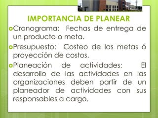 IMPORTANCIA DE PLANEAR
Cronograma:    Fechas de entrega de
 un producto o meta.
Presupuesto: Costeo de las metas ó
 proyección de costos.
Planeación   de actividades:      El
 desarrollo de las actividades en las
 organizaciones deben partir de un
 planeador de actividades con sus
 responsables a cargo.
 