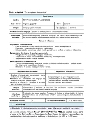 Título actividad: “Encantadores de cuentos”
Datos general
Nombre MIRNA BETSABÉ GAYTÁN GALINDO
Nivel / Grado: 4° grado, grupo “B” Tipo General
Campo: Lenguaje y comunicación Tipo de texto: Narrativo
Practica social de lenguaje: Escribir un relato a partir de narraciones mexicanas
Aprendizaje
esperado:
Incrementa sus recursos para narrar de manera oral, reconociendo los elementos de
las narraciones y las relaciones causa y efecto entre las partes de una narración.
Temas de reflexión:
Propiedades y tipos de textos
 Características de los relatos en la literatura mexicana: cuento, fábula y leyenda.
 Escenarios y personajes de narraciones tradicionales.
 Estructura de las narraciones: estado inicial, aparición de un conflicto y resolución del conflicto.
Conocimiento del sistema de escritura y ortografía
 Diálogos directos y uso de guiones para introducirlos.
 Acentuación de verbos pasados simples en tercera y primera personas.
 Segmentación convencional de palabras.
Aspectos sintácticos y semánticos
 Tiempos verbales pasados para narrar eventos: pretérito imperfecto, pretérito y perfecto simple.
 Uso del presente para diálogos directos.
 Relaciones de causa y efecto para narrar eventos.
Competencias curriculares: Competencias para la vida:
 Emplear el lenguaje para comunicarse y como
instrumento para aprender
 Identificar las propiedades del lenguaje en
diversas situaciones comunicativas
 Analizar la información y emplear el lenguaje
para la toma de decisiones
 Competencia para el aprendizaje permanente
 Competencia para el manejo de la información
 Competencias para el manejo de situaciones
 Competencias para la convivencia
Enfoque
didáctico
Comunicativo y funcional al vincularse con situaciones sociales particulares,
constituyendo las prácticas sociales del lenguaje.
Estándares
curriculares
Producción de textos escritos, Procesos de lectura e interpretación de textos,
Conocimiento de las características, función y uso del lenguaje, Actitudes hacia el
lenguaje
Número de Sesiones 5 Duración de cada sesión (1.30 hrs./ 90 min.)
I. Planeación
I.1. Diagnóstico Se relacionan elementos contextuales y rasgos del grupo para justificar la intervención.
La escuela primaria “Amado Nervo”, CCT 15EPR0510Z, P186, se localiza en una zona
urbana, en la Col. Los Reyes Acaquilpan, La Paz, Estado de México. La escuela es de
modalidad escolarizada matutina y el horario de trabajo es de 8:00 a 13:00 horas.
 