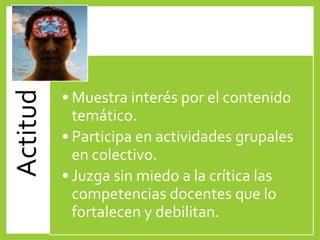 Actitud
• Muestra interés por el contenido
temático.
• Participa en actividades grupales
en colectivo.
• Juzga sin miedo a la crítica las
competencias docentes que lo
fortalecen y debilitan.
 