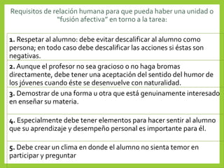 Requisitos de relación humana para que pueda haber una unidad o
“fusión afectiva” en torno a la tarea:
1. Respetar al alumno: debe evitar descalificar al alumno como
persona; en todo caso debe descalificar las acciones si éstas son
negativas.
2. Aunque el profesor no sea gracioso o no haga bromas
directamente, debe tener una aceptación del sentido del humor de
los jóvenes cuando éste se desenvuelve con naturalidad.
3. Demostrar de una forma u otra que está genuinamente interesado
en enseñar su materia.
4. Especialmente debe tener elementos para hacer sentir al alumno
que su aprendizaje y desempeño personal es importante para él.
5. Debe crear un clima en donde el alumno no sienta temor en
participar y preguntar
 