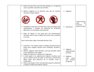  Harán una lista de los que son más comunes y a un lado las 
causas y posibles soluciones para evitarlas. 
 Mostrar imágenes en el pintarrón, para que los alumnos 
relacionen imagen-palabra. 
 Entregarles a cada quien una hoja blanca para que dibujen algo 
representativo a medidas de prevención de accidentes 
(diferentes a las mostradas anteriormente). 
 Pegar los dibujos en una pared para que contantemente 
recuerden sobre lo que no deben hacer para evitar accidentes 
en el aula. 
Hacer conclusiones sobre lo analizado durante el día. 
 Cuestionar a los infantes sobre las medidas de prevención que 
tienen para cualquier desastre (una inundación, incendio o 
sismo). 
 Mostrar imágenes sobre desastres, para que describan sobre 
lo que interpretan de la imagen. 
 Organizar al grupo en 5 equipos de 5 integrantes. 
 A cada equipo se le proporcionará imágenes revueltas para 
que las ordenen acerca de cuáles son los pasos correctos que 
deben seguir para prevenirse de un incendio, sismo o 
inundaciones. 
 Revisar qué equipo lo hizo correctamente, pasarán al pintarrón 
a explicar el orden que creyeron correcto. 
 Imágenes. 
 Hoja blanca. 
 Imágenes 
sobre desastres 
naturales. 
 Imágenes 
sobre pasos 
para prevenir 
accidentes. 
-Realizó el dibujo 
sobre los 
accidentes y 
expuso sus ideas. 
 