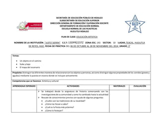 SECRETARÍA DE EDUCACIÓN PÚBLICA DE HIDALGO 
SUBSECRETARÍA DE EDUCACIÓN SUPERIOR 
DIRECCIÓN GENERAL DE FORMACIÓN Y SUPERACIÓN DOCENTE 
DEPARTAMENTO DE EDUCACIÓN NORMAL 
ESCUELA NORMAL DE LAS HUASTECAS 
HUEJUTLA HIDALGO 
PLAN DE CLASE: EDUCACIÓN ARTISTICA 
NOMBRE DE LA INSTITUCIÓN: “JUSTO SIERRA” C.C.T: 13DPR2237Z ZONA ESC. 143 SECTOR: 10 LUGAR: TEACAL, HUEJUTLA 
DE REYES, HGO. FECHA DE PRÁCTICA DEL 06 DE OCTUBRE AL 28 DE NOVIEMBRE DEL 2014 GRADO: 3° 
Temas: 
 Un objeto en el camino 
 Sube y baja 
 El mapa del escenario 
Propósito: Distinguir las diferentes maneras de relacionarse con los objetos y personas, así como distinguir algunas propiedades de los sonidos (graves y 
agudos) mediante la puesta en escena donde se incluyan activamente. 
Competencias que se favorece: Artística y cultural 
APRENDIZAJE ESPERADO ACTIVIDADES MATERIALES EVALUACIÓN 
 Se trabajará desde la asignatura de historia comenzando con las 
investigaciones de su comunidad y como ha cambiado hasta la actualidad 
 Rescate de conocimientos previos con ayuda de algunas preguntas: 
 ¿Cuáles son las tradiciones de su localidad? 
 ¿Cómo las llevan a cabo? 
 ¿Cuál es la fiesta más próxima? 
 ¿Cómo lo festejan? 
 