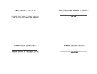 -DIRECTOR DE LA ESCUELA - 
PROFR. EDY HERNÁNDEZ LÓPEZ 
-MAESTRO (A) QUE ATIENDE EL GRUPO - 
PROFR. 
-COORDINADOR DE PRÁCTICA - 
PROFR. MIGUEL A. FRANCO SANTOS 
-NOMBRE DEL PRACTICANTE - 
ALUMNO 
