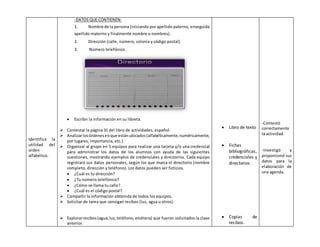 Identifica la 
utilidad del 
orden 
alfabético. 
-DATOS QUE CONTIENEN: 
1. Nombre de la persona (iniciando por apellido paterno, enseguida 
apellido materno y finalmente nombre o nombres). 
2. Dirección (calle, número, colonia y código postal). 
3. Número telefónico. 
 Escribir la información en su libreta. 
 Contestar la página 31 del libro de actividades, español. 
 Analizar los órdenes en que están ubicados (alfabéticamente, numéricamente, 
por lugares, importancia, etc.) 
 Organizar al grupo en 5 equipos para realizar una tarjeta y/o una credencial 
para administrar los datos de los alumnos con ayuda de las siguientes 
cuestiones, mostrando ejemplos de credenciales y directorios. Cada equipo 
registrará sus datos personales, según los que marca el directorio (nombre 
completo, dirección y teléfono). Los datos pueden ser ficticios. 
 ¿Cuál es tu dirección? 
 ¿Tu número telefónico? 
 ¿Cómo se llama tu calle? 
 ¿Cuál es el código postal? 
 Compartir la información obtenida de todos los equipos. 
 Solicitar de tarea que consigan recibos (luz, agua u otros). 
 Explorar recibos (agua, luz, teléfono, etcétera) que fueron solicitados la clase 
anterior. 
 Libro de texto 
 Fichas 
bibliográficas, 
credenciales y 
directorios 
 Copias de 
recibos. 
-Contestó 
correctamente 
la actividad. 
-Investigó y 
proporcionó sus 
datos para la 
elaboración de 
una agenda. 
 