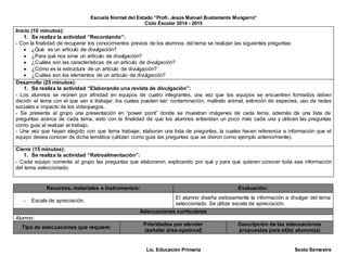 Escuela Normal del Estado “Profr. Jesús Manuel Bustamante Mungarro”
Ciclo Escolar 2014 - 2015
Lic. Educación Primaria Sexto Semestre
Inicio (10 minutos):
1. Se realiza la actividad “Recordando”:
- Con la finalidad de recuperar los conocimientos previos de los alumnos del tema se realizan las siguientes preguntas:
 ¿Qué es un artículo de divulgación?
 ¿Para qué nos sirve un artículo de divulgación?
 ¿Cuáles son las características de un artículo de divulgación?
 ¿Cómo es la estructura de un artículo de divulgación?
 ¿Cuáles son los elementos de un artículo de divulgación?
Desarrollo (25 minutos):
1. Se realiza la actividad “Elaborando una revista de divulgación”:
- Los alumnos se reúnen por afinidad en equipos de cuatro integrantes, una vez que los equipos se encuentren formados deben
decidir el tema con el que van a trabajar, los cuales pueden ser: contaminación, maltrato animal, extinción de especies, uso de redes
sociales e impacto de los videojuegos.
- Se presenta al grupo una presentación en “power point” donde se muestran imágenes de cada tema, además de una lista de
preguntas acerca de cada tema, esto con la finalidad de que los alumnos entiendan un poco más cada uno y utilicen las preguntas
como guía al realizar el trabajo.
- Una vez que hayan elegido con que tema trabajar, elaboran una lista de preguntas, la cuales hacen referencia a información que el
equipo desea conocer de dicha temática (utilizan como guía las preguntas que se dieron como ejemplo anteriormente).
Cierre (15 minutos):
1. Se realiza la actividad “Retroalimentación”:
- Cada equipo comenta al grupo las preguntas que elaboraron, explicando por qué y para que quieren conocer toda esa información
del tema seleccionado.
Recursos, materiales e instrumentos: Evaluación:
- Escala de apreciación.
El alumno diseña exitosamente la información a divulgar del tema
seleccionado. Se utiliza escala de apreciación.
Adecuaciones curriculares
Alumno:
Tipo de adecuaciones que requiere:
Prioridades por atender
(señalar área-opcional)
Descripción de las adecuaciones
propuestas para el(la) alumno(a)
 