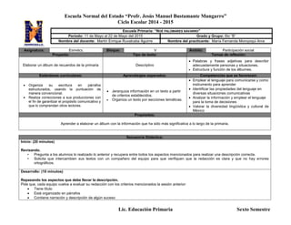 Escuela Normal del Estado “Profr. Jesús Manuel Bustamante Mungarro”
Ciclo Escolar 2014 - 2015
Lic. Educación Primaria Sexto Semestre
Asignatura: ESPAÑOL Bloque: V Ámbito: Participación social
Proyecto: Tipo de texto: Temas de reflexión:
Elaborar un álbum de recuerdos de la primaria Descriptivo
 Palabras y frases adjetivas para describir
adecuadamente personas y situaciones.
 Estructura y función de los álbumes.
Estándares curriculares: Aprendizajes esperados: Competencias que se favorecen:
 Organiza su escritura en párrafos
estructurados, usando la puntuación de
manera convencional.
 Realiza correcciones a sus producciones con
el fin de garantizar el propósito comunicativo y
que lo comprendan otros lectores.
 Jerarquiza información en un texto a partir
de criterios establecidos.
 Organiza un texto por secciones temáticas.
 Emplear el lenguaje para comunicarse y como
instrumento para aprender
 Identificar las propiedades del lenguaje en
diversas situaciones comunicativas
 Analizar la información y emplear el lenguaje
para la toma de decisiones
 Valorar la diversidad lingüística y cultural de
México
Propósitos:
Aprender a elaborar un álbum con la información que ha sido más significativa a lo largo de la primaria.
Secuencia Didáctica:
Inicio: (20 minutos)
Revisando.
• Pregunta a los alumnos lo realizado lo anterior y recupera entre todos los aspectos mencionados para realizar una descripción correcta.
• Solicita que intercambien sus textos con un compañero del equipo para que verifiquen que la redacción es clara y que no hay errores
ortográficos.
Desarrollo: (10 minutos)
Repasando los aspectos que debe llevar la descripción.
Pide que, cada equipo vuelva a evaluar su redacción con los criterios mencionados la sesión anterior:
 Tiene título
 Está organizado en párrafos
 Contiene narración y descripción de algún suceso
Escuela Primaria: “NOÉ PALOMARES NAVARRO”
Periodo: 11 de Mayo al 22 de Mayo del 2015 Grado y Grupo: 6to “B”
Nombre del docente: Martín Enrique Ruvalcaba Aguirre Nombre del practicante: María Fernanda Moroyoqui Arce
 