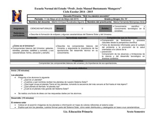 Escuela Normal del Estado “Profr. Jesús Manuel Bustamante Mungarro”
Ciclo Escolar 2014 - 2015
Lic. Educación Primaria Sexto Semestre
Asignatura: CIENCIAS NATURALES Bloque: V Ámbito:
 Conocimiento científico y
conocimiento tecnológico en la
sociedad,
Estándares
curriculares:
 Describe la formación de eclipses y algunas características del Sistema Solar y del Universo.
Contenido: Aprendizaje esperado: Competencias que se favorecen:
¿Cómo es el Universo?
 Componentes básicos del Universo: galaxias,
estrellas, planetas, satélites y cometas, y sus
características: forma, ubicación y tamaño.
 Describe los componentes básicos del
Universo y argumenta la importancia de las
aportaciones del desarrollo técnico en su
conocimiento.
 Comprensión de fenómenos y procesos
naturales desde la perspectiva científica
 Toma de decisiones informadas para el cuidado
del ambiente y la promoción de la salud
orientadas a la cultura de la
 prevención
Comprensión de los alcances y limitaciones de
la ciencia y del desarrollo tecnológico en
diversos contextos
Propósitos:
Comprendan los componentes básicos del universo y la importancia de sus aportaciones.
Secuencia didáctica:
Inicio: (10 minutos)
Los planetas
 Pregunta a los alumnos lo siguiente
 ¿Qué es un planeta?
 ¿Cuántos y qué nombres reciben los planetas de nuestro Sistema Solar?
 ¿Qué lugar ocupa el planeta Tierra en los planetas, tomando la secuencia del más cercano al Sol hasta el más lejano?
 ¿Qué planeta es llamado “el planeta rojo”
 ¿Cuál es el planeta más grande del Sistema Solar?
 Se realiza una lluvia de ideas con las respuestas dadas por los alumnos.
Desarrollo: (15 minutos)
El sistema solar
 Coloca en el pizarrón imágenes de los planetas e información en hojas de colores referentes al sistema solar.
 Explica qué son los planetas, cuántos forman parte del Sistema Solar, cómo están distribuidos y catalogados en base a sus características
Escuela Primaria: “NOÉ PALOMARES NAVARRO”
Periodo: 11 de Mayo al 22 de Mayo del 2015 Grado y Grupo: 6to “B”
Nombre del docente: Martín Enrique Ruvalcaba Aguirre Nombre del practicante: María Fernanda Moroyoqui Arce
 