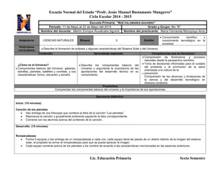 Escuela Normal del Estado “Profr. Jesús Manuel Bustamante Mungarro”
Ciclo Escolar 2014 - 2015
Lic. Educación Primaria Sexto Semestre
Asignatura: CIENCIAS NATURALES Bloque: V Ámbito:
 Conocimiento científico y
conocimiento tecnológico en la
sociedad,
Estándares
curriculares:
 Describe la formación de eclipses y algunas características del Sistema Solar y del Universo.
Contenido: Aprendizaje esperado: Competencias que se favorecen:
¿Cómo es el Universo?
 Componentes básicos del Universo: galaxias,
estrellas, planetas, satélites y cometas, y sus
características: forma, ubicación y tamaño.
 Describe los componentes básicos del
Universo y argumenta la importancia de las
aportaciones del desarrollo técnico en su
conocimiento.
 Comprensión de fenómenos y procesos
naturales desde la perspectiva científica
 Toma de decisiones informadas para el cuidado
del ambiente y la promoción de la salud
orientadas a la cultura de la
 prevención
Comprensión de los alcances y limitaciones de
la ciencia y del desarrollo tecnológico en
diversos contextos
Propósitos:
Comprendan los componentes básicos del universo y la importancia de sus aportaciones.
Secuencia didáctica:
Inicio: (10 minutos)
Canción de los planetas
 Haz entrega de una fotocopia que contiene la letra de la canción “Los planetas”.
 Reproduce la canción y grupalmente entónenla siguiendo la letra correspondiente.
 Comenta con los alumnos acerca del contenido de la canción.
Desarrollo: (15 minutos)
Rompecabezas
 Forma 5 equipos y haz entrega de un rompecabezas a cada uno; cada equipo tiene las piezas de un diseño distinto de la imagen del sistema
solar, el propósito es armar el rompecabezas para que se pueda apreciar la imagen.
 Cada equipo comenta acerca de los planetas y los nombre de acuerdo a las características mencionadas en las sesiones anteriores.
Escuela Primaria: “NOÉ PALOMARES NAVARRO”
Periodo: 11 de Mayo al 22 de Mayo del 2015 Grado y Grupo: 6to “B”
Nombre del docente: Martín Enrique Ruvalcaba Aguirre Nombre del practicante: María Fernanda Moroyoqui Arce
 