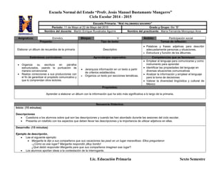 Escuela Normal del Estado “Profr. Jesús Manuel Bustamante Mungarro”
Ciclo Escolar 2014 - 2015
Lic. Educación Primaria Sexto Semestre
Asignatura: ESPAÑOL Bloque: V Ámbito: Participación social
Proyecto: Tipo de texto: Temas de reflexión:
Elaborar un álbum de recuerdos de la primaria Descriptivo
 Palabras y frases adjetivas para describir
adecuadamente personas y situaciones.
 Estructura y función de los álbumes.
Estándares curriculares: Aprendizajes esperados: Competencias que se favorecen:
 Organiza su escritura en párrafos
estructurados, usando la puntuación de
manera convencional.
 Realiza correcciones a sus producciones con
el fin de garantizar el propósito comunicativo y
que lo comprendan otros lectores.
 Jerarquiza información en un texto a partir
de criterios establecidos.
 Organiza un texto por secciones temáticas.
 Emplear el lenguaje para comunicarse y como
instrumento para aprender
 Identificar las propiedades del lenguaje en
diversas situaciones comunicativas
 Analizar la información y emplear el lenguaje
para la toma de decisiones
 Valorar la diversidad lingüística y cultural de
México
Propósitos:
Aprender a elaborar un álbum con la información que ha sido más significativa a lo largo de la primaria.
Secuencia Didáctica:
Inicio: (15 minutos)
Descripciones
 Cuestiona a los alumnos sobre qué son las descripciones y cuando las han abordado durante las sesiones del ciclo escolar.
 Presenta un rotafolio con los aspectos que deben llevar las descripciones y la importancia de utilizar adjetivos en ellas.
Desarrollo: (15 minutos)
Ejemplo de descripción.
 Lee el siguiente ejemplo:
 Margarita le dijo a sus compañeros que sus vacaciones las pasó en un lugar maravilloso. Ellos preguntaron
-¿Cómo es ese lugar? Margarita respondió ¡Muy bonito!
¿Qué debió responder Margarita para que sus compañeros imaginen ese lugar?
 Los alumnos aportan ideas a la contestación de la interrogante.
Escuela Primaria: “NOÉ PALOMARES NAVARRO”
Periodo: 11 de Mayo al 22 de Mayo del 2015 Grado y Grupo: 6to “B”
Nombre del docente: Martín Enrique Ruvalcaba Aguirre Nombre del practicante: María Fernanda Moroyoqui Arce
 
