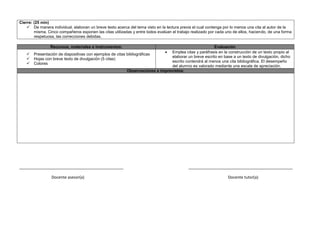 Cierre: (25 min)
 De manera individual, elaboran un breve texto acerca del tema visto en la lectura previa el cual contenga por lo menos una cita al autor de la
misma. Cinco compañeros exponen las citas utilizadas y entre todos evalúan el trabajo realizado por cada uno de ellos, haciendo, de una forma
respetuosa, las correcciones debidas.
Recursos, materiales e instrumentos: Evaluación
 Presentación de diapositivas con ejemplos de citas bibliográficas
 Hojas con breve texto de divulgación (5 citas)
 Colores
 Emplea citas y paráfrasis en la construcción de un texto propio al
elaborar un breve escrito en base a un texto de divulgación, dicho
escrito contendrá al menos una cita bibliográfica. El desempeño
del alumno es valorado mediante una escala de apreciación.
Observaciones e imprevistos:
_______________________________________________ _______________________________________________
Docente asesor(a) Docente tutor(a)
 