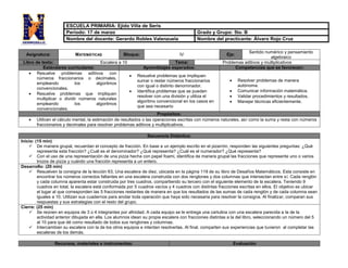 Asignatura: MATEMÁTICAS Bloque: IV Eje:
Sentido numérico y pensamiento
algebraico
Libro de texto: Escalera a 10 Tema: Problemas aditivos y multiplicativos
Estándares curriculares: Aprendizajes esperados: Competencias que se favorecen:
 Resuelve problemas aditivos con
números fraccionarios o decimales,
empleando los algoritmos
convencionales.
 Resuelve problemas que impliquen
multiplicar o dividir números naturales
empleando los algoritmos
convencionales.
 Resuelve problemas que impliquen
sumar o restar números fraccionarios
con igual o distinto denominador.
 Identifica problemas que se pueden
resolver con una división y utiliza el
algoritmo convencional en los casos en
que sea necesario
 Resolver problemas de manera
autónoma.
 Comunicar información matemática.
 Validar procedimientos y resultados.
 Manejar técnicas eficientemente.
Propósitos:
 Utilicen el cálculo mental, la estimación de resultados o las operaciones escritas con números naturales, así como la suma y resta con números
fraccionarios y decimales para resolver problemas aditivos y multiplicativos.
Secuencia Didáctica:
Inicio: (15 min)
 De manera grupal, recuerdan el concepto de fracción. En base a un ejemplo escrito en el pizarrón, responden las siguientes preguntas: ¿Qué
representa esta fracción? ¿Cuál es el denominador? ¿Qué representa? ¿Cuál es el numerador? ¿Qué representa?
 Con el uso de una representación de una pizza hecha con papel foami, identifica de manera grupal las fracciones que represente uno o varios
trozos de pizza y cuándo una fracción representa a un entero.
Desarrollo: (20 min)
 Resuelven la consigna de la lección 63, Una escalera de diez, ubicada en la página 119 de su libro de Desafíos Matemáticos. Esta consiste en
encontrar los números correctos faltantes en una escalera construida con dos renglones y dos columnas que intersectan entre sí. Cada renglón
y cada columna aparenta estar construida por tres cuadros, compartiendo su tercero con el siguiente elemento de la escalera. Teniendo 9
cuadros en total, la escalera está conformada por 5 cuadros vacíos y 4 cuadros con distintas fracciones escritas en ellos. El objetivo es ubicar
el lugar al que corresponden las 5 fracciones restantes de manera en que los resultados de las sumas de cada renglón y de cada columna sean
iguales a 10. Utilizan sus cuadernos para anotar toda operación que haya sido necesaria para resolver la consigna. Al finalizar, comparan sus
respuestas y sus estrategias con el resto del grupo.
Cierre: (25 min)
 Se reúnen en equipos de 3 o 4 integrantes por afinidad. A cada equipo se le entrega una cartulina con una escalera parecida a la de la
actividad anterior dibujada en ella. Los alumnos idean su propia escalera con fracciones distintas a la del libro, seleccionando un número del 5
al 10 para que dé como resultado de todos sus renglones y columnas.
 Intercambian su escalera con la de los otros equipos e intentan resolverlas. Al final, comparten sus experiencias que tuvieron al completar las
escaleras de los demás.
Recursos, materiales e instrumentos: Evaluación
ESCUELA PRIMARIA: Ejido Villa de Seris
Periodo: 17 de marzo Grado y Grupo: 5to. B
Nombre del docente: Gerardo Robles Valenzuela Nombre del practicante: Álvaro Rojo Cruz
 