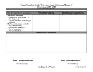 Escuela Normal del Estado “Profr. Jesús Manuel Bustamante Mungarro”
Ciclo Escolar 2014 - 2015
Lic. Educación Primaria Sexto Semestre
Adecuaciones curriculares
Tipo de adecuaciones que requiere:
Prioridades por atender
(señalar área-opcional)
Descripción de las adecuaciones
propuestas para el(la) alumno(a)
1. De acceso al currículo
 Instalaciones de la escuela ( )
 En el aula ( )
 Apoyos personales (materiales y/o
técnicos) ( )
2. En los elementos del currículo
 En la metodología ( )
 Aprendizajes esperados ( )
 En los contenidos ( )
 En la evaluación ( )
Observaciones e imprevistos:
______________________________________ ______________________________________
Profra. Claudia Ramos Merino Profra. Verónica Mora Acedo
Docente asesor(a) Docente tutor(a)
 