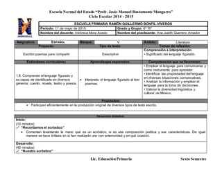 Escuela Normal del Estado “Profr. Jesús Manuel Bustamante Mungarro”
Ciclo Escolar 2014 - 2015
Lic. Educación Primaria Sexto Semestre
Asignatura: ESPAÑOL Bloque: V Ámbito: Literatura
Proyecto: Tipo de texto: Temas de reflexión:
Escribir poemas para compartir Descriptivo
Comprensión e interpretación
• Significado del lenguaje figurado.
Estándares curriculares: Aprendizajes esperados: Competencias que se favorecen:
1.8. Comprende el lenguaje figurado y
es capaz de identificarlo en diversos
géneros: cuento, novela, teatro y poesía.
 Interpreta el lenguaje figurado al leer
poemas.
• Emplear el lenguaje para comunicarse y
como instrumento para aprender.
• Identificar las propiedades del lenguaje
en diversas situaciones comunicativas.
• Analizar la información y emplear el
lenguaje para la toma de decisiones.
• Valorar la diversidad lingüística y
cultural de México.
Propósitos:
 Participen eficientemente en la producción original de diversos tipos de texto escrito.
Secuencia didáctica:
Inicio:
(10 minutos)
 “Recordamos el acróstico”
 Comentan levantando la mano qué es un acróstico, si es una composición poética y sus características. De igual
manera se hace énfasis en si han realizado uno con anterioridad y en qué ocasión.
Desarrollo:
(40 minutos)
 “Nuestro acróstico”
ESCUELA PRIMARIA RAMÓN GUILLERMO BONFIL VIVEROS
Periodo: 11 de mayo de 2015 Grado y Grupo: 6º “B”
Nombre del docente: Verónica Mora Acedo Nombre del practicante: Ana Judith Guerrero Amador
 