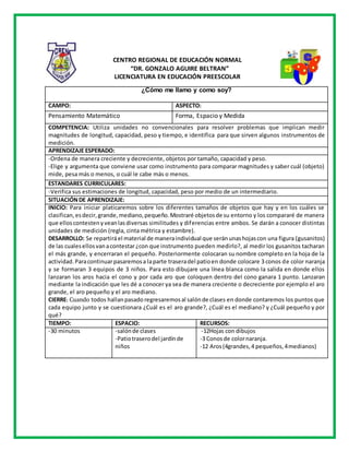 CENTRO REGIONAL DE EDUCACIÓN NORMAL
“DR. GONZALO AGUIRE BELTRAN”
LICENCIATURA EN EDUCACIÓN PREESCOLAR
¿Cómo me llamo y como soy?
CAMPO: ASPECTO:
Pensamiento Matemático Forma, Espacio y Medida
COMPETENCIA: Utiliza unidades no convencionales para resolver problemas que implican medir
magnitudes de longitud, capacidad, peso y tiempo, e identifica para que sirven algunos instrumentos de
medición.
APRENDIZAJE ESPERADO:
-Ordena de manera creciente y decreciente, objetos por tamaño, capacidad y peso.
-Elige y argumenta que conviene usar como instrumento para comparar magnitudes y saber cuál (objeto)
mide, pesa más o menos, o cuál le cabe más o menos.
ESTANDARES CURRICULARES:
-Verifica sus estimaciones de longitud, capacidad, peso por medio de un intermediario.
SITUACIÓNDE APRENDIZAJE:
INICIO: Para iniciar platicaremos sobre los diferentes tamaños de objetos que hay y en los cuáles se
clasifican,esdecir,grande,mediano,pequeño.Mostraré objetosde su entorno y los compararé de manera
que elloscontestenyveanlasdiversas similitudes y diferencias entre ambos. Se darán a conocer distintas
unidades de medición (regla, cinta métrica y estambre).
DESARROLLO: Se repartiráel material de maneraindividual que seránunashojascon una figura (gusanitos)
de las cualesellosvanacontestar ¿con que instrumento pueden medirlo?, al medir los gusanitos tacharan
el más grande, y encerraran el pequeño. Posteriormente colocaran su nombre completo en la hoja de la
actividad.Paracontinuarpasaremosa laparte traseradel patioen donde colocare 3 conos de color naranja
y se formaran 3 equipos de 3 niños. Para esto dibujare una línea blanca como la salida en donde ellos
lanzaran los aros hacia el cono y por cada aro que coloquen dentro del cono ganara 1 punto. Lanzaran
mediante la indicación que les dé a conocer ya sea de manera creciente o decreciente por ejemplo el aro
grande, el aro pequeño y el aro mediano.
CIERRE: Cuando todos hallanpasado regresaremosal salónde clases en donde contaremos los puntos que
cada equipo junto y se cuestionara ¿Cuál es el aro grande?, ¿Cuál es el mediano? y ¿Cuál pequeño y por
qué?
TIEMPO: ESPACIO: RECURSOS:
-30 minutos -salónde clases
-Patiotraserodel jardínde
niños
-12Hojas con dibujos
-3 Conosde colornaranja.
-12 Aros(4grandes,4 pequeños,4medianos)
 