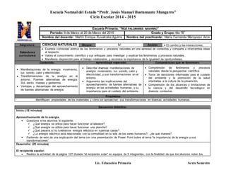 Escuela Normal del Estado “Profr. Jesús Manuel Bustamante Mungarro”
Ciclo Escolar 2014 - 2015
Lic. Educación Primaria Sexto Semestre
Asignatura: CIENCIAS NATURALES Bloque: IV Ámbito:  El cambio y las interacciones.
Estándares
curriculares:
 Expresa curiosidad acerca de los fenómenos y procesos naturales en una variedad de contextos y comparte e intercambia ideas
al respecto.
 Valora el conocimiento científico y sus enfoques para investigar y explicar los fenómenos y procesos naturales.
 Manifiesta disposición para el trabajo colaborativo y reconoce la importancia de la igualdad de oportunidades.
Contenido: Aprendizaje esperado: Competencias que se favorecen:
 Manifestaciones de la energía: movimiento,
luz, sonido, calor y electricidad.
 Transformaciones de la energía en el
entorno. Fuentes alternativas de energía:
Sol, viento, mareas y geotermia.
 Ventajas y desventajas del aprovechamiento
de fuentes alternativas de energía.
 Describe diversas manifestaciones de
energía: movimiento, luz, sonido, calor y
electricidad, y sus transformaciones en el
entorno.
 Argumenta las implicaciones del
aprovechamiento de fuentes alternativas de
energía en las actividades humanas, y su
importancia para el cuidado del ambiente.
 Comprensión de fenómenos y procesos
naturales desde la perspectiva científica.
 Toma de decisiones informadas para el cuidado
del ambiente y la promoción de la salud
orientadas a la cultura de la prevención.
 Comprensión de los alcances y limitaciones de
la ciencia y del desarrollo tecnológico en
diversos contextos.
Propósitos:
Identifiquen propiedades de los materiales y cómo se aprovechan sus transformaciones en diversas actividades humanas.
Secuencia didáctica:
Inicio: (15 minutos)
Aprovechamiento de la energía.
 Cuestiona a los alumnos lo siguiente:
 ¿Qué energía se utiliza para hacer funcionar el televisor?
 ¿Qué energía se utiliza para hacer funcionar una plancha?
 ¿Qué pasaría si no tuviéramos energía eléctrica en nuestras casas?
 ¿La energía eléctrica está relacionada con la comodidad en la vida de los seres humanos?, ¿de qué manera?
 Partiendo de esto da una explicación del tema con una presentación de Power Point sobre el tema “la importancia de la energía y sus
transformaciones”
Desarrollo: (25 minutos)
El recipiente escolar.
 Realiza la actividad de la página 127 titulada “el recipiente solar” en equipos de 5 integrantes, con la finalidad de que los alumnos noten los
Escuela Primaria: “NOÉ PALOMARES NAVARRO”
Periodo: 9 de Marzo al 20 de Marzo del 2015 Grado y Grupo: 6to “B”
Nombre del docente: Martín Enrique Ruvalcaba Aguirre Nombre del practicante: María Fernanda Moroyoqui Arce
 