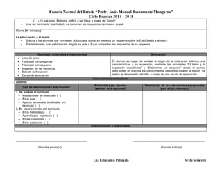 Escuela Normal del Estado “Profr. Jesús Manuel Bustamante Mungarro”
Ciclo Escolar 2014 - 2015
Lic. Educación Primaria Sexto Semestre
 ¿En qué siglo, Mahoma unificó a las tribus a través del Corán?
 Una vez terminada la actividad, se comentan las respuestas de manera grupal.
Cierre (15 minutos)
La edad media y el Islam:
 Solicita a los alumnos que completen la fotocopia donde se presenta un esquema sobre la Edad Media y el islam.
 Posteriormente, con participación dirigida se pide a 5 que compartan las respuestas de su esquema.
Recursos, materiales e instrumentos: Evaluación
 Libro de texto
 Fotocopia con preguntas
 Fotocopia con esquema
 Imágenes de las temáticas
 Bote de participación
 Escala de apreciación
El alumno es capaz de señalar el origen de la civilización Islámica, sus
características y su expansión, mediante las actividades “El Islam y la
expansión musulmana” y “Elaboremos un esquema” donde el alumno
debe poner en práctica los conocimientos adquiridos durante la sesión. Se
evalúa el desempeño del niño a través de una escala de apreciación.
Adecuaciones curriculares
Alumno:
Tipo de adecuaciones que requiere:
Prioridades por atender
(señalar área-opcional)
Descripción de las adecuaciones propuestas
para el(la) alumno(a)
1. De acceso al currículo
 Instalaciones de la escuela ( )
 En el aula ( )
 Apoyos personales (materiales y/o
técnicos) ( )
2. En los elementosdel currículo
 En la metodología ( )
 Aprendizajes esperados ( )
 En los contenidos ( )
 En la evaluación ( )
Observaciones e imprevistos:
_______________________________________________ _______________________________________________
Docente asesor(a) Docente tutor(a)
 