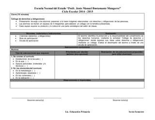 Escuela Normal del Estado “Profr. Jesús Manuel Bustamante Mungarro”
Ciclo Escolar 2014 - 2015
Lic. Educación Primaria Sexto Semestre
Cierre (15 minutos)
Collage de derechos y obligaciones
 Previamente encarga a los alumnos presentar a la clase imágenes relacionadas con derechos y obligaciones de las personas.
 Los alumnos se reúnen en equipos de 5 integrantes para elaborar un collage con la temática presentada.
 Cada equipo expone su producto y lo coloca en una parte estratégica del salón de clases.
Recursos, materiales e instrumentos: Evaluación
 2 láminas (derechos y obligaciones)
 Bote de participación
 Escala de apreciación
El alumno identifica la protección y la responsabilidad del cumplimiento de
los derechos humanos, mediante la actividad “Collage de derechos y
obligaciones” donde expresa sus ideas sobre derechos y obligaciones
mediante un collage. Evalúa el desempeño del alumno a través de una
escala de apreciación.
Adecuaciones curriculares
Alumno:
Tipo de adecuaciones que requiere:
Prioridades por atender
(señalar área-opcional)
Descripción de las adecuaciones propuestas
para el(la) alumno(a)
1. De acceso al currículo
 Instalaciones de la escuela ( )
 En el aula ( )
 Apoyos personales (materiales y/o
técnicos) ( )
2. En los elementosdel currículo
 En la metodología ( )
 Aprendizajes esperados ( )
 En los contenidos ( )
 En la evaluación ( )
Observaciones e imprevistos:
_______________________________________________ _______________________________________________
Docente asesor(a) Docente tutor(a)
 