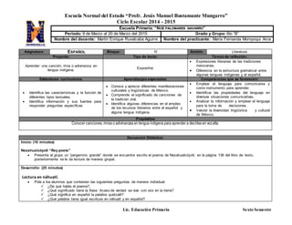 Escuela Normal del Estado “Profr. Jesús Manuel Bustamante Mungarro”
Ciclo Escolar 2014 - 2015
Lic. Educación Primaria Sexto Semestre
Asignatura: ESPAÑOL Bloque: IV Ámbito: Literatura
Proyecto: Tipo de texto: Temas de reflexión:
Aprender una canción, rima o adivinanza en
lengua indígena.
Expositivo
 Expresiones literarias de las tradiciones
mexicanas.
 Diferencia en la estructura gramatical entre
algunas lenguas indígenas y el español.
Estándares curriculares: Aprendizajes esperados: Competencias que se favorecen:
 Identifica las características y la función de
diferentes tipos textuales.
 Identifica información y sus fuentes para
responder preguntas específicas
 Conoce y aprecia diferentes manifestaciones
culturales y lingüísticas de México.
 Comprende el significado de canciones de
la tradición oral.
 Identifica algunas diferencias en el empleo
de los recursos literarios entre el español y
alguna lengua indígena.
 Emplear el lenguaje para comunicarse y
como instrumento para aprender.
 Identificar las propiedades del lenguaje en
diversas situaciones comunicativas.
 Analizar la información y emplear el lenguaje
para la toma de decisiones.
 Valorar la diversidad lingüística y cultural
de México.
Propósitos:
Conocer canciones, rimas o adivinanzas en lengua indígena para aprender a decirlas en vozalta.
Secuencia Didáctica:
Inicio: (10 minutos)
Nezahualcóyotl “Rey poeta”
 Presenta al grupo un “pergamino grande” donde se encuentra escrito el poema de Nezahualcóyotl, en la página 138 del libro de texto,
posteriormente se le da lectura de manera grupal.
Desarrollo: (25 minutos)
Lectura en náhuatl.
 Pide a los alumnos que contesten las siguientes preguntas de manera individual:
 ¿De qué habla el poema?,
 ¿Qué significado tiene la frase: Acaso de verdad se vive con raíz en la tierra?
 ¿Qué significa en español la palabra quetzalli?
 ¿Qué palabra tiene igual escritura en náhuatl y en español?
Escuela Primaria: “NOÉ PALOMARES NAVARRO”
Periodo: 9 de Marzo al 20 de Marzo del 2015 Grado y Grupo: 6to “B”
Nombre del docente: Martín Enrique Ruvalcaba Aguirre Nombre del practicante: María Fernanda Moroyoqui Arce
 