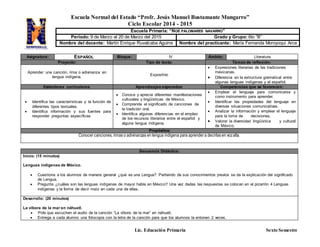 Escuela Normal del Estado “Profr. Jesús Manuel Bustamante Mungarro”
Ciclo Escolar 2014 - 2015
Lic. Educación Primaria Sexto Semestre
Asignatura: ESPAÑOL Bloque: IV Ámbito: Literatura
Proyecto: Tipo de texto: Temas de reflexión:
Aprender una canción, rima o adivinanza en
lengua indígena.
Expositivo
 Expresiones literarias de las tradiciones
mexicanas.
 Diferencia en la estructura gramatical entre
algunas lenguas indígenas y el español.
Estándares curriculares: Aprendizajes esperados: Competencias que se favorecen:
 Identifica las características y la función de
diferentes tipos textuales.
 Identifica información y sus fuentes para
responder preguntas específicas
 Conoce y aprecia diferentes manifestaciones
culturales y lingüísticas de México.
 Comprende el significado de canciones de
la tradición oral.
 Identifica algunas diferencias en el empleo
de los recursos literarios entre el español y
alguna lengua indígena.
 Emplear el lenguaje para comunicarse y
como instrumento para aprender.
 Identificar las propiedades del lenguaje en
diversas situaciones comunicativas.
 Analizar la información y emplear el lenguaje
para la toma de decisiones.
 Valorar la diversidad lingüística y cultural
de México.
Propósitos:
Conocer canciones, rimas o adivinanzas en lengua indígena para aprender a decirlas en vozalta.
Secuencia Didáctica:
Inicio: (15 minutos)
Lenguas indígenas de México.
 Cuestiona a los alumnos de manera general ¿qué es una Lengua? Partiendo de sus conocimientos previos se da la explicación del significado
de Lengua.
 Pregunta ¿cuáles son las lenguas indígenas de mayor habla en México? Una vez dadas las respuestas se colocan en el pizarrón 4 Lenguas
indígenas y la forma de decir maíz en cada una de ellas.
Desarrollo: (20 minutos)
La víbora de la mar en náhuatl.
 Pide que escuchen el audio de la canción “La víbora de la mar” en náhuatl.
 Entrega a cada alumno una fotocopia con la letra de la canción para que los alumnos la entonen 2 veces.
Escuela Primaria: “NOÉ PALOMARES NAVARRO”
Periodo: 9 de Marzo al 20 de Marzo del 2015 Grado y Grupo: 6to “B”
Nombre del docente: Martín Enrique Ruvalcaba Aguirre Nombre del practicante: María Fernanda Moroyoqui Arce
 