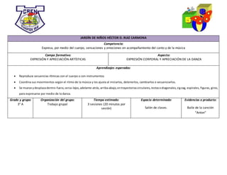 JARDÍN DE NIÑOS HÉCTOR D. RUIZ CARMONA
Competencia:
Expresa, por medio del cuerpo, sensaciones y emociones en acompañamiento del canto y de la música
Campo formativo:
EXPRESIÓN Y APRECIACIÓN ARTÍSTICAS
Aspecto:
EXPRESIÓN CORPORAL Y APRECIACIÓN DE LA DANZA
Aprendizajes esperados:
 Reproduce secuencias rítmicas con el cuerpo o con instrumentos
 Coordina sus movimientos según el ritmo de la música y los ajusta al iniciarlos, detenerlos, cambiarlos o secuenciarlos.
 Se mueve ydesplazadentro-fuera,cerca-lejos,adelante-atrás,arriba-abajo,entrayectoriascirculares,rectasodiagonales,zigzag, espirales, figuras, giros,
para expresarse por medio de la danza.
Grado y grupo:
3° A
Organización del grupo:
Trabajo grupal
Tiempo estimado:
3 sesiones (20 minutos por
sesión)
Espacio determinado:
Salón de clases.
Evidencias o producto:
Baile de la canción
“Anton”
 