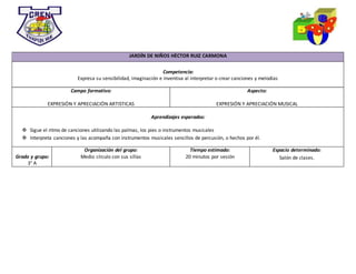 JARDÍN DE NIÑOS HÉCTOR RUIZ CARMONA
Competencia:
Expresa su sensibilidad, imaginación e inventiva al interpretar o crear canciones y melodías
Campo formativo:
EXPRESIÓN Y APRECIACIÓN ARTISTICAS
Aspecto:
EXPRESIÓN Y APRECIACIÓN MUSICAL
Aprendizajes esperados:
 Sigue el ritmo de canciones utilizando las palmas, los pies o instrumentos musicales
 Interpreta canciones y las acompaña con instrumentos musicales sencillos de percusión, o hechos por él.
Grado y grupo:
3° A
Organización del grupo:
Medio círculo con sus sillas
Tiempo estimado:
20 minutos por sesión
Espacio determinado:
Salón de clases.
 