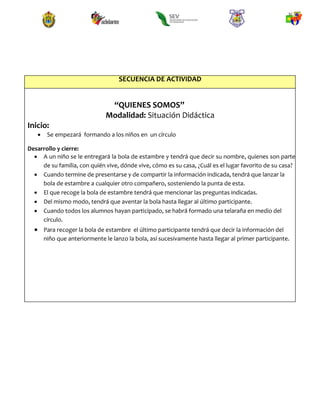 SECUENCIA DE ACTIVIDAD
“QUIENES SOMOS”
Modalidad: Situación Didáctica
Inicio:
 Se empezará formando a los niños en un círculo
Desarrollo y cierre:
 A un niño se le entregará la bola de estambre y tendrá que decir su nombre, quienes son parte
de su familia, con quién vive, dónde vive, cómo es su casa, ¿Cuál es el lugar favorito de su casa?
 Cuando termine de presentarse y de compartir la información indicada, tendrá que lanzar la
bola de estambre a cualquier otro compañero, sosteniendo la punta de esta.
 El que recoge la bola de estambre tendrá que mencionar las preguntas indicadas.
 Del mismo modo, tendrá que aventar la bola hasta llegar al último participante.
 Cuando todos los alumnos hayan participado, se habrá formado una telaraña en medio del
círculo.
 Para recoger la bola de estambre el último participante tendrá que decir la información del
niño que anteriormente le lanzo la bola, así sucesivamente hasta llegar al primer participante.
 