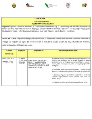 PLANEACIÓN
Situación Didáctica
“CONSTRUYENDO FIGURAS”
Propósito: Que los alumnos refuercen el razonamiento matemático y la capacidad para resolver problemas de
manera creativa mediante situaciones de juego, así como también modele y describa con su propio lenguaje las
figuras geométricas, y además use su imaginación para crear figuras a través de unir y combinar.
PERFIL DE EGRESO: Aprendan a regular sus emociones, a trabajar en colaboración, resolver conflictos mediante el
diálogo y a respetar las reglas de convivencia en el aula, en la escuela y fuera de ella, actuando con iniciativa,
autonomía y disposición para aprender.
Campo
Formativo:
Aspecto: Competencia: Aprendizajes Esperados:
PENSAMIENTO
MATEMÁTICO
FORMA,
ESPACIO Y
MEDIDA
CONSTRUYE OBJETOS Y
FIGURAS GEOMÉTRICAS
TOMANDO EN CUENTA SUS
CARACTERÍSTICAS.
• Observa, nombra, compara objetos y figuras geométricas;
describe sus atributos con su propio lenguaje y adopta
paulatinamente un lenguaje convencional (caras planas y
curvas, lados rectos y curvos, lados cortos y largos); nombra
las figuras.
• Reconoce, dibuja –con uso de retículas– y modela formas
geométricas (planas y con volumen) en diversas posiciones.
• Construye figuras geométricas doblando o cortando,
uniendo y separando sus partes, juntando varias veces una
misma figura.
• Usa y combina formas geométricas para formar otras.
 