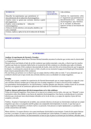 RUBRICAS                                                      NIVEL DE            vida cotidiana.
                                                               DESEMPEÑO
 Describe los experimentos que permitieron el                                      Analizan los experimentos sobre
 descubrimiento de la inducción electromagnética                                   el magnetismo que permitieron el
 Analiza como se genera una corriente eléctrica a partir                           descubrimiento de la inducción
 del magnetismo                                                                    electromagnética para beneficio
 Explica como se produce la       inducción                                        de la sociedad en diferentes
 electromagnética                                                                  aspectos en base al movimiento de
 Arma un circuito eléctrico, con una pila, alambre y un                            electrones.
 clavo imantado
 Conoce, explica y aplica la ley de la inducción de faraday


OBSERVACIONES:




                                         ACTIVIDADES

Analizar el experimento de Oersted y Faraday:
En 1820 el investigador danés Hans Christian Oersted intentaba encontrar la relación que existía entre la electricidad
y el magnetismo.
Oersted colocó una brújula al lado de un hilo conductor que estaba conectado a una pila, y observó que los muchos
cambios que hasta ese momento había hecho en la posición del hilo conductor no afectaban para nada a la brújula.
Por puro azar, estando el hilo conductor desconectado de la pila, situó este hilo en la misma dirección que la aguja de
la brújula. A continuación conectó de nuevo el hilo a la pila; en ese momento la aguja de la brújula giró bruscamente
hasta situarse perpendicular al hilo conductor.
De esta forma, por primera vez se observó que un campo eléctrico influía sobre un imán. Y así se demostró que un
conductor eléctrico por el que circula una corriente eléctrica crea a su alrededor un campo magnético.

Faraday
Faraday, por su parte, completó las experiencias de Oersted demostrando que un campo magnético es capaz de crear
una corriente eléctrica siempre que el imán que crea el campo magnético se mueva cerca de un hilo conductor.
Los generadores electromagnéticos, los electroimanes y muchos aparatos que detectan y miden el paso de la corriente
eléctrica son algunas de las numerosas aplicaciones derivadas de los fenómenos electromagnéticos.

Explicar algunas aplicaciones del electromagnetismo en la vida cotidiana:
Trenes de levitación magnética. Estos trenes no se mueven en contacto con los rieles, sino que van “flotando” a unos
centímetros sobre ellos debido a una fuerza de repulsión electromagnética. Esta fuerza es producida por la corriente
eléctrica que circula por unos electroimanes ubicados en la vía de un tren, y es capaz de soportar el peso del tren
completo y elevarlo.

Timbres. Al pulsar el interruptor de un timbre, una corriente eléctrica circula por un electroimán creado por un campo
magnético que atrae a un pequeño martillo golpea una campanilla interrumpiendo el circuito, lo que hace que el
campo magnético desaparezca y la barra vuelva a su posición. Este proceso se repite rápidamente y se produce el
sonido característico del timbre.

Motor eléctrico. Un motor eléctrico sirve para transformar electricidad en movimiento. Consta de dos partes básicas:
un rotor y un estator. El rotor es la parte móvil y esta formado por varias bobinas. El estator es un imán fijo entre
cuyos polos se ubica la bobina. Su funcionamiento se basa en que al pasar la corriente por las bobinas, ubicadas entre
 