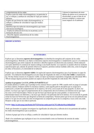comportamiento de las ondas                                                        Valoran la importancia de tener
 Explica como las ondas electromagnéticas, en particular la                         hábitos de ahorro en el consumo de
 luz, se reflejan y cambian de velocidad al viajar por medios                       electricidad; ya que se trata de un
 distintos                                                                          proceso complejo y costoso que
 Explica de qué forma las ondas electromagnéticas, se                               causa impacto en el ambiente
 reflejan y cambian de velocidad al viajar por medios
 distintos
 Identifica tipos de radiación electromagnética que tienen
 relevancias tecnológicas.
 - Explica la refracción de la luz en un prisma y en la
 formación del arco iris
 - Describe algunas características de las ondas
 Electromagnéticas

OBSERVACIONES:




                                         ACTIVIDADES

Explicar que se denomina espectro electromagnético a la distribución energética del conjunto de las ondas
electromagnéticas. Referido a un objeto se denomina espectro electromagnético o simplemente espectro a la radiación
electromagnética que emite (espectro de emisión) o absorbe (espectro de absorción) una sustancia. Dicha radiación
sirve para identificar la sustancia de manera análoga a una huella dactilar. Los espectros se pueden observar mediante
espectroscopios que, además de permitir observar el espectro, permiten realizar medidas sobre éste, como la longitud
de onda, la frecuencia y la intensidad de la radiación.

Explicar que se denomina espectro visible a la región del espectro electromagnético que el ojo humano es capaz de
percibir. A la radiación electromagnética en este rango de longitudes de onda se le llama luz visible o simplemente
luz. No hay límites exactos en el espectro visible; un típico ojo humano responderá a longitudes de onda desde 400 a
700 nm aunque algunas personas pueden ser capaces de percibir longitudes de onda desde 380 a 780 nm.

Analizar la pregunta: LA LUZ ¿ONDA O PARTÍCULA?
El estudio plantea el cambio que se produjo en las ciencias físicas a partir de 1900, cuando entró en juego el concepto
de física cuántica. Podemos definir la mecánica cuántica, como aquella parte la disciplina que se ocupa de la
explicación y estudio del comportamiento de la materia y de la luz, en la escala de lo mas pequeño. Es decir, los
átomos. Las leyes que rigen el comportamiento de los componentes del nivel atómico son distintas de las que rigen
las cosas a nivel macroscópico. Parece ser que las leyes que hacen que las cosas grandes, se muevan de una
determinada manera son diferentes, a las leyes que afectan a las partículas del nivel atómico. En la escala de lo grande
serían las leyes de Newton las que dirigirían su forma de comportarse. Newton pensó que la luz era una partícula mas
tarde se vio que era una onda, tras más investigaciones se comprobó que la luz se comporta a veces como una onda.
Después se dijo que no era onda ni partícula

Fuente: http://es.shvoong.com/books/1677123-la-luz-onda-part%C3%ADcula/#ixzz1dQqIl2od

-Pedir que formados en equipos investiguen los significados de refracción y reflexión de la luz partiendo del análisis
las ondas electromagnéticas que se producen.

-Aclarar al grupo que la luz se refleja y cambia de velocidad al viajar por distintos medios.

-Pedir a los estudiantes que expliquen el arco iris reconociéndolo como un fenómeno de emisión de ondas
electromagnéticas.
 