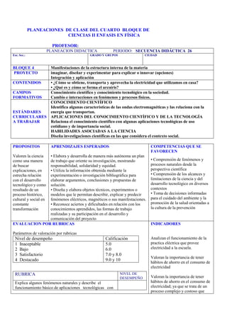 PLANEACIONES DE CLASE DEL CUARTO BLOQUE DE
                           CIENCIAS II ENFASIS EN FÍSICA

                         PROFESOR:
                       PLANEACION DIDACTICA           PERIODO: SECUENCIA DIDÁCTICA 26
Esc. Sec.:                                GRADO Y GRUPOS               CIUDAD



BLOQUE 4     Manifestaciones de la estructura interna de la materia
PROYECTO     imaginar, diseñar y experimentar para explicar o innovar (opciones)
             Integración y aplicación
CONTENIDOS   • ¿Cómo se obtiene, transporta y aprovecha la electricidad que utilizamos en casa?
             • ¿Qué es y cómo se forma el arcoíris?
CAMPOS       Conocimiento científico y conocimiento tecnológico en la sociedad.
FORMATIVOS   Cambio e interacciones en fenómenos y procesos físicos.
             CONOCIMIENTO CIENTÍFICO
             Identifica algunas características de las ondas electromagnéticas y las relaciona con la
ESTÁNDARES   energía que transportan.
CURRICULARES APLICACIONES DEL CONOCIMIENTO CIENTÍFICO Y DE LA TECNOLOGÍA
A TRABAJAR   Relaciona el conocimiento científico con algunas aplicaciones tecnológicas de uso
             cotidiano y de importancia social.
             HABILIDADES ASOCIADAS A LA CIENCIA
             Diseña investigaciones científicas en las que considera el contexto social.

PROPOSITOS              APRENDIZAJES ESPERADOS                           COMPETENCIAS QUE SE
                                                                         FAVORECEN
              • Elabora y desarrolla de manera más autónoma un plan
Valoren la ciencia
como una manera
              de trabajo que oriente su investigación, mostrando         • Comprensión de fenómenos y
de buscar     responsabilidad, solidaridad y equidad.                    procesos naturales desde la
              • Utiliza la información obtenida mediante la
explicaciones, en                                                        perspectiva científica
estrecha relación
              experimentación o investigación bibliográfica para         • Comprensión de los alcances y
con el desarrollo
              elaborar argumentos, conclusiones y propuestas de          limitaciones de la ciencia y del
tecnológico y como
              solución.                                                  desarrollo tecnológico en diversos
              • Diseña y elabora objetos técnicos, experimentos o
resultado de un                                                          contextos
proceso histórico,
              modelos que le permitan describir, explicar y predecir     • Toma de decisiones informadas
cultural y social en
              fenómenos eléctricos, magnéticos o sus manifestaciones.    para el cuidado del ambiente y la
constante     • Reconoce aciertos y dificultades en relación con los     promoción de la salud orientadas a
transformaciónconocimientos aprendidos, las formas de trabajo            la cultura de la prevención
              realizadas y su participación en el desarrollo y
              comunicación del proyecto
EVALUACION POR RUBRICAS                                                  INDICADORES

Parámetros de valoración por rubricas
 Nivel de desempeño                               Calificación           Analizan el funcionamiento de la
 1 Inaceptable                                    5.0                    practica eléctrica que provee
 2 Bajo                                           6.0                    electricidad a la escuela.
 3 Satisfactorio                                  7.0 y 8.0
                                                                         Valoran la importancia de tener
 4 Destacado                                      9.0 y 10
                                                                         hábitos de ahorro en el consumo de
                                                                         electricidad
 RUBRICA                                                   NIVEL DE
                                                           DESEMPEÑO     Valoran la importancia de tener
 Explica algunos fenómenos naturales y describe el                       hábitos de ahorro en el consumo de
 funcionamiento básico de aplicaciones tecnológicas con                  electricidad; ya que se trata de un
                                                                         proceso complejo y costoso que
 