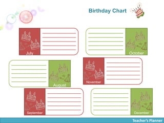 Teacher’s Planner
Birthday Chart
July October
August
November
September December
 