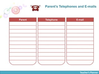 Teacher’s Planner
Parent’s Telephones and E-mails
Parent Telephone E-mail
 