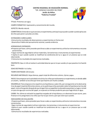 CENTRO REGIONAL DE EDUCACIÓN NORMAL
“DR. GONZALO AGUIRRE BELTRÁN”
Jardín de Niños
“Federico Froebel”
TITULO: Pintemos con agua.
CAMPO FORMATIVO: Exploración y conocimiento del mundo.
ASPECTO: Mundo natural.
COMPETENCIA:Entiende enqué consisteunexperimentoyanticipaloque puede sucedercuandoaplicauno
de ellos para poner a prueba una idea.
ESTÁNDARES CURRICULARES:
-Comunica los resultados de observaciones y experimentos en forma oral.
-Desarrolla el hábito del pensamiento racional, usando evidencia.
APRENDIZAJES ESPERADOS:
Propone qué hacer,cómo procederparallevara cabo un experimentoyutilizalosinstrumentosorecursos
convenientes.
• Sigue normas de seguridad al utilizar materiales, herramientas e instrumentos al experimentar.
• Explica lo que sucede cuando se modifican las condiciones de luz o agua en un proceso que se está
observando.
• Comunica los resultados de experiencias realizadas.
PROPÓSITO: Que el niño al realizar la actividad observe que es lo que sucede y lo que pasaría al no hacerlo
bien.
EDAD DESTINADA: 4 a 5 años.
TIEMPO DESTINADO: 20 minutos
RECURSOS MATERIALES: Hojas blancas, papel crepé de diferentes colores, tijeras y agua.
INICIO:Paraempezarconlaactividadselesdiráalosniñosquerealizaremosunexperimento,endonde saldrá
un arcoíris, también se les dirá que tiene que hacerlo con mucho cuidado.
DESARROLLO: Para empezarse lesrepartirá una hojablanca a cada niño,por consiguiente se lesdarávarias
tiras de papel crepé de diferentescolores,se lespediráque ellosacomodensobre lahojablancalastiras del
papel,comoellosgustendespuésde que tenganlistosuspapelitoslaeducadorapasaráporsulugary rociará
un poco de agua por encima del papel, se esperará un tiempo prudente para que haga efecto el agua.
CIERRE: Por último se retirarán los papelitos mojados de la hoja blanca y se observará lo que ocurre, para
finalizar se les preguntará a los niños que fue lo que vieron y por qué creen que sucedió.
INDICADORES DE EVALUACIÓN:
-Propone qué hacer,cómo procederpara llevara cabo un experimentoyutilizalosinstrumentosorecursos
convenientes.
-Sigue normas de seguridad al utilizar materiales, herramientas e instrumentos al experimentar.
-Explica lo que sucede cuando se modifican las condiciones de luz o agua en un proceso que se está
observando.
-Comunica los resultados de experiencias realizadas.
 
